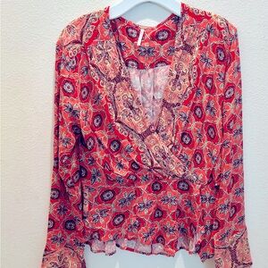 Free People Red Floral Wrap Blouse NWOT